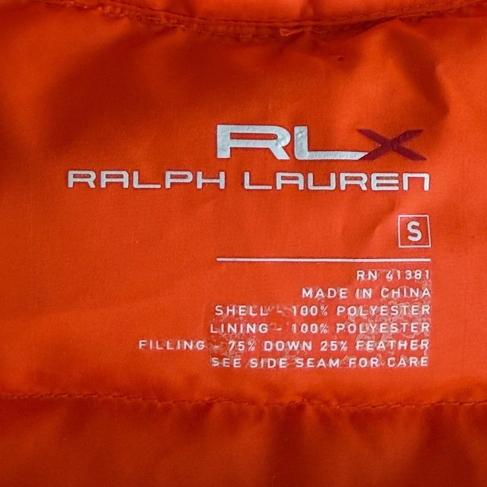 RLX Ralph Lauren Mens Orange Down Puffer Jacket Size S Full Zip Quilted 41381‎
